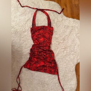 Red and Black Snake Print Halter Dress